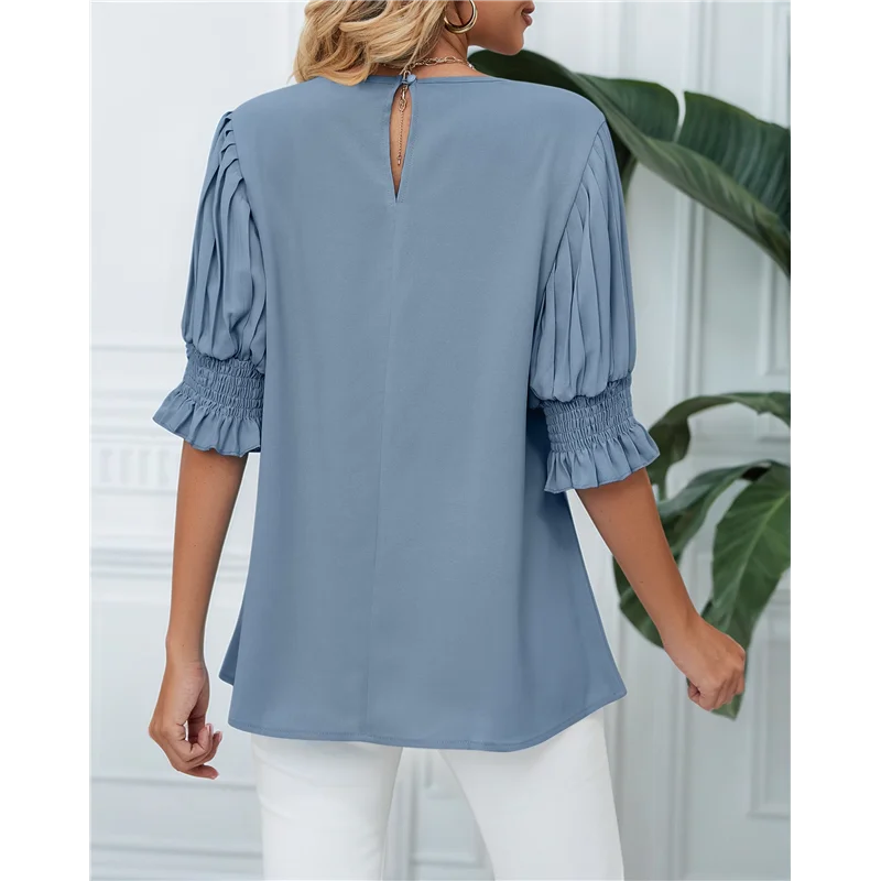 

【SEE】Blouses For Women Dressy Casual 1/2 Length Sleeve Womens Tops With Smocked Cuffs