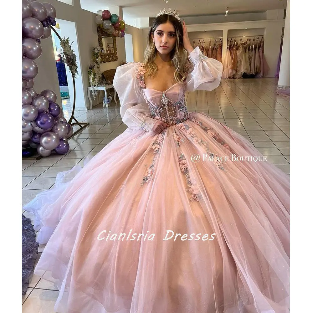 Rosa mangas compridas sopro ilusão espartilho quinceanera vestidos de baile cristal miçangas flores 3d doce 16 vestidos de 15 años