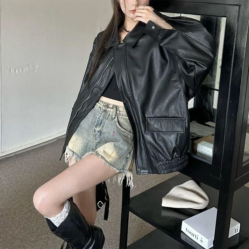 2025 New American Retro Faux Leather Jacket Women Autumn Y2K Long Sleeve Pu Jackets Woman Stylish Loose Zipper Moto Biker Coats