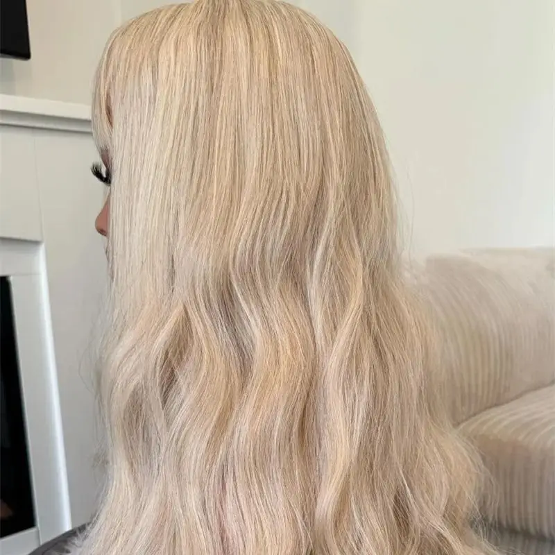 Ombre White Platinum Blonde Water Wave Synthetic Hair With Bnags Transparent Lace Front Women's Wig Natural Preplucked Hairline