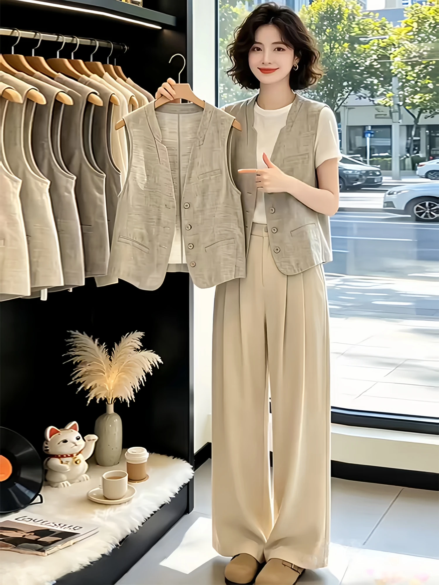 Women's Sleeveless Suit Vest Summer High-End Loose V-Neck Shoulder Pad Top Casual Style Fashionable Outerwear