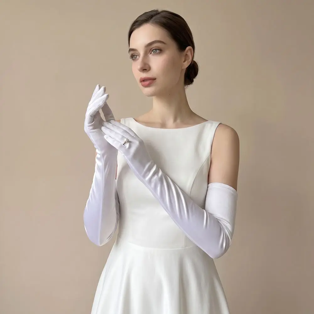 Shiny Solid Color Satin Gloves Full Finger 1920s Long Gloves Retro Elbow Length Etiquette Mittens Women