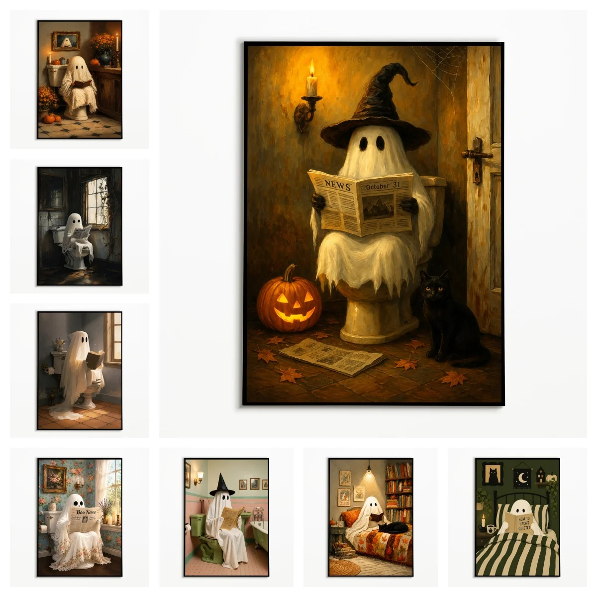 1pc frameless,1PC Vintage Ghost Reading Newspaper on Toilet Poster Black Cat Pumpkin Wall Art  Autumn Halloween Canvas Printing