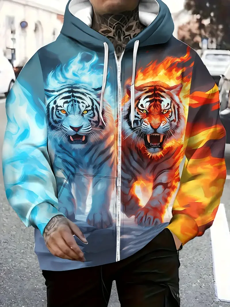 Moletom masculino com zíper listrado de tigre 3D com bolsos, jaqueta casual de poliéster, casaco novo estilo lavável à máquina para primavera e outono