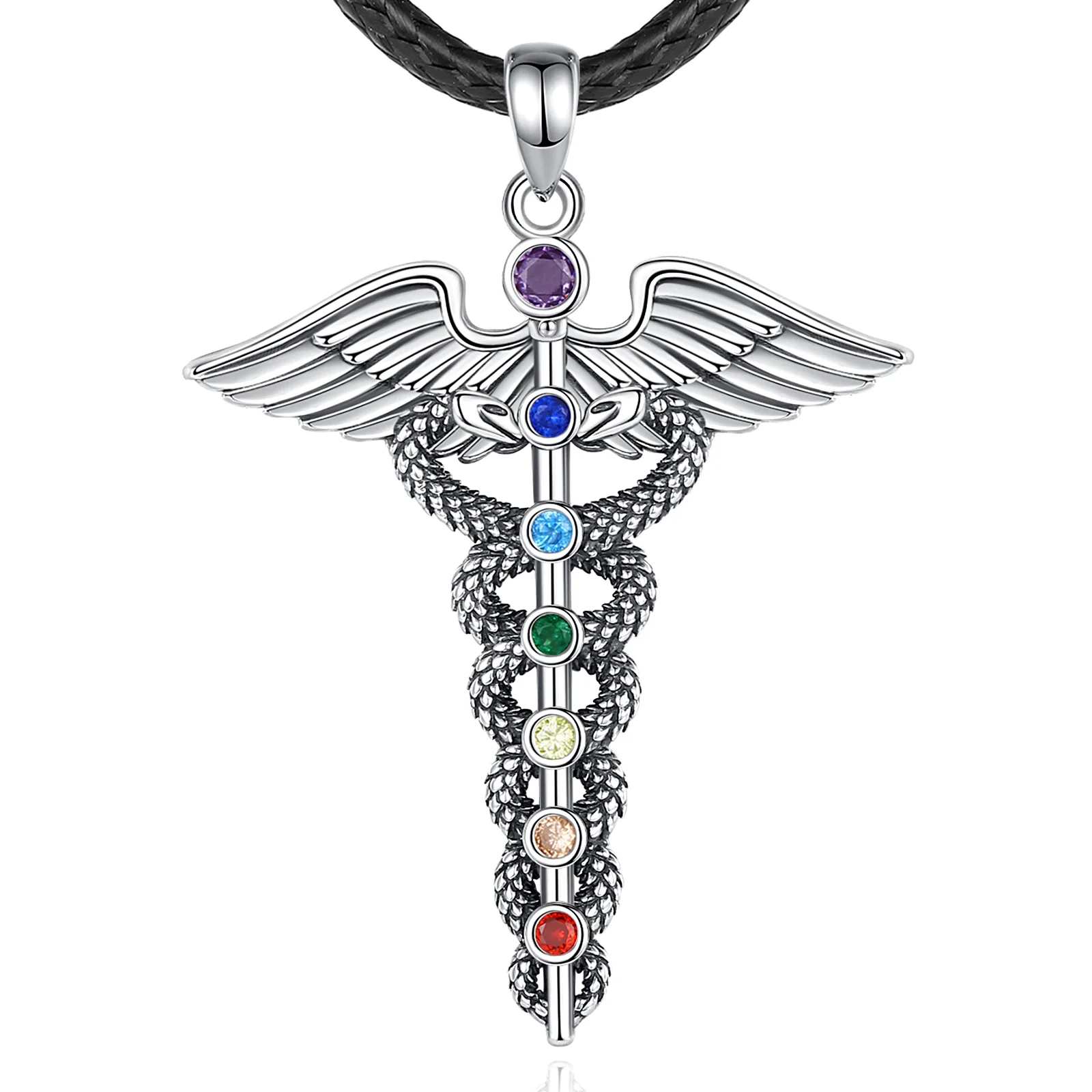 Eudora Sterling Silber Caduceus Halskette für Männer Frauen Doppels ch langen flügel 7 Chakren Anhänger medizinischen Symbol Schmuck feines Geschenk