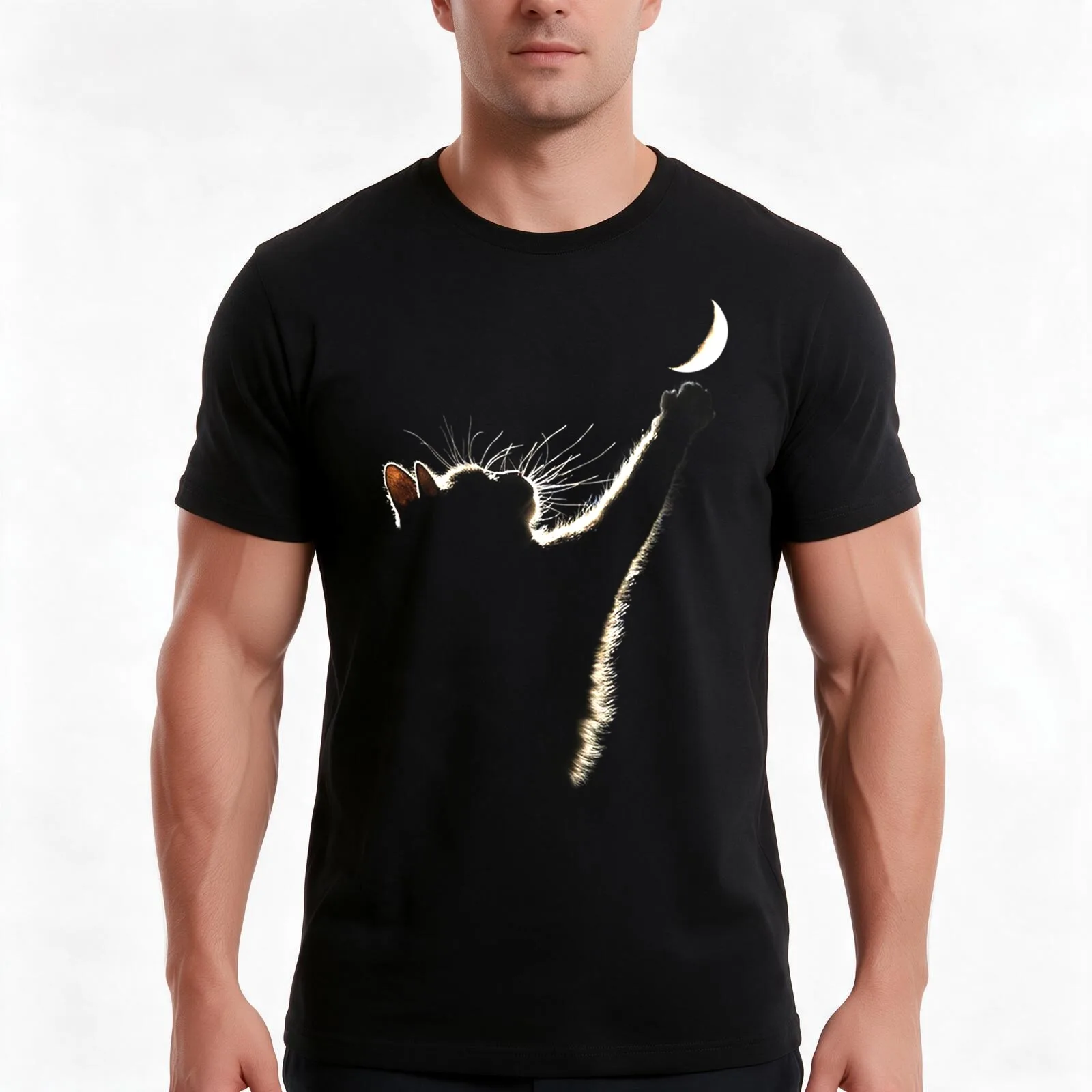 Cat Reach The Moon T-Shirt, Summer Casual Cotton Tee, Oversized Streetwear Tops, Vintage Graphic Print, Loose Fit Short Sleeve