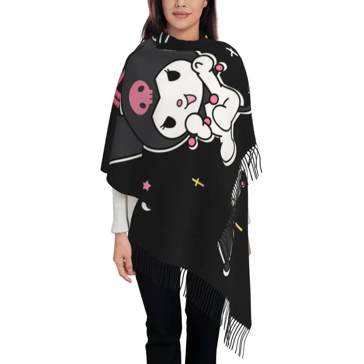 

Женские длинные шарфы с героями мультфильмов Kuromi на заказ, женские зимние толстые теплые шаль с кисточками, шарф