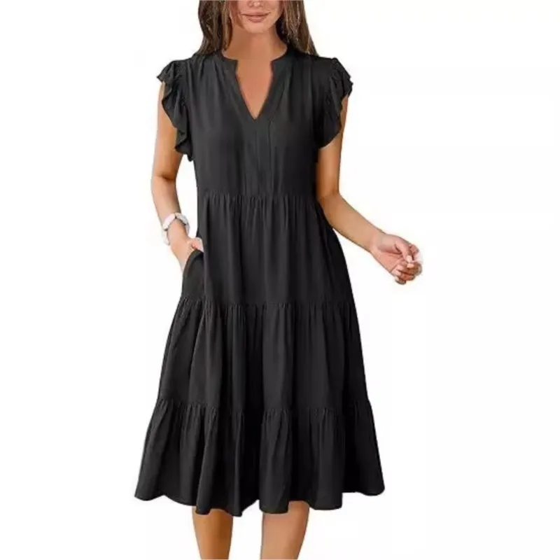 

Women's Mid Length Dress Summer Solid Color V-neck Ruffles Sleeve Splicing Large Swing Pocket Dress New Daily Vacation Dress