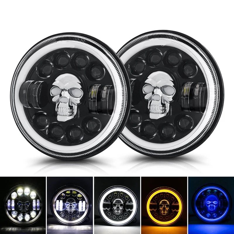 1 Pc New 7Inch LED Skull Headlights Parts Component For Wrangler Off-Road Vehicle Headlight Conversions 60W Skull Headlights