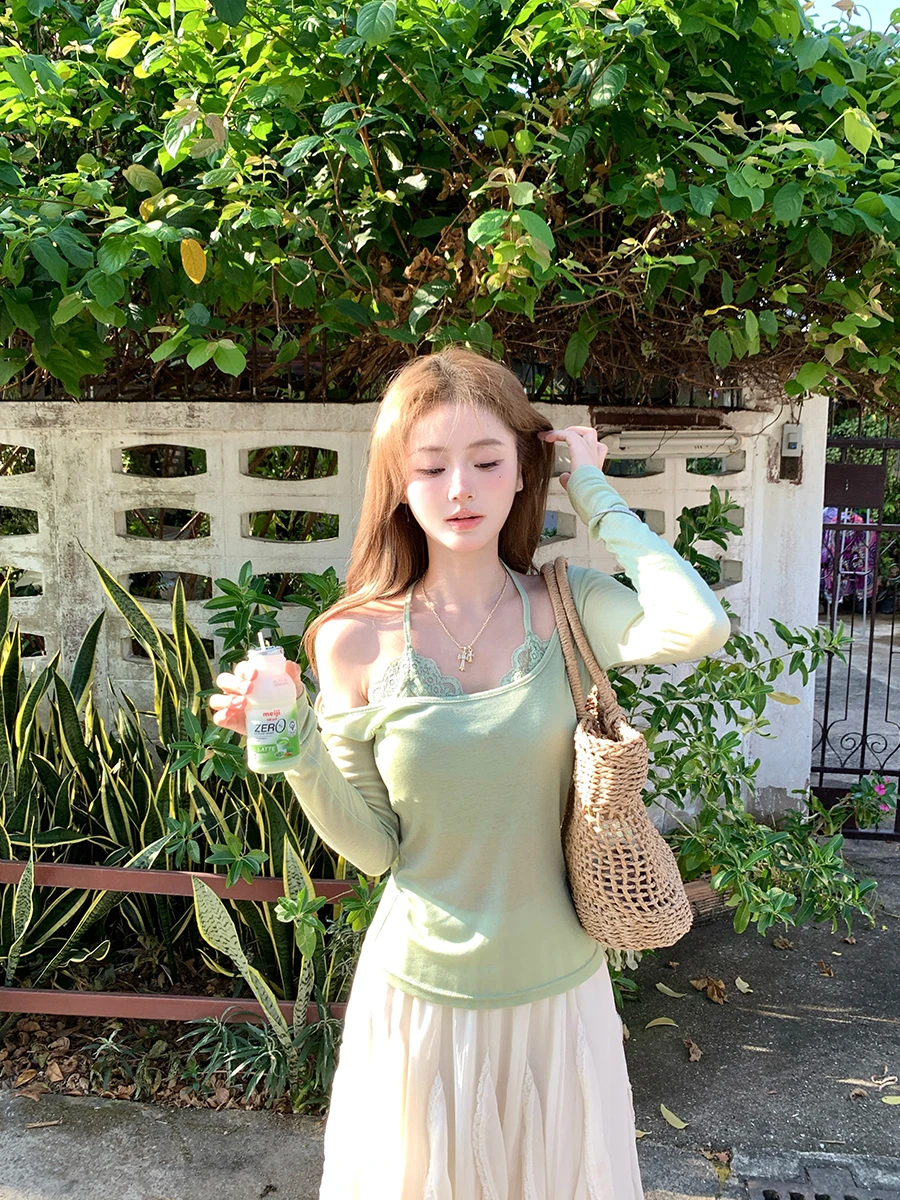 

Женская футболка Ay Snow Early Beau с кружевом, тонкая, дышащая, с длинным рукавом, солнцезащитная, приятная для кожи, весна-лето, в нежном стиле