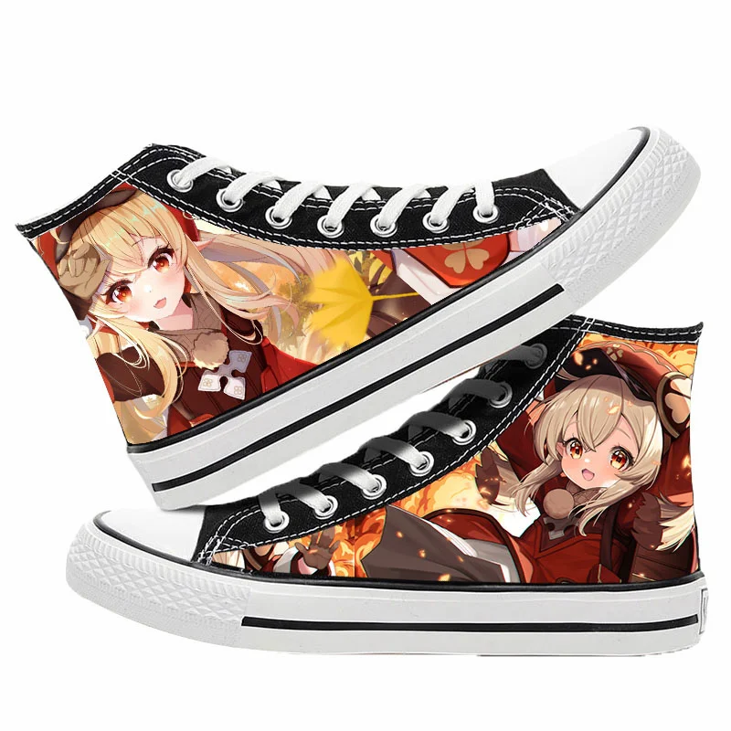 Jogo genshin impacto klee xiao impressão lona sapatos zhong li tartaglia venti cosplay alta superior tênis sapatos casuais moda