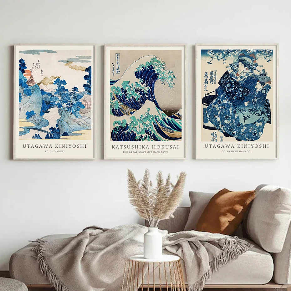 3PCS Large-sized frameless canvas paintings,3PCS Hokusai Kanagawa Big Wave Japanese Blue Poster and Prints Abstract Wall Art Can