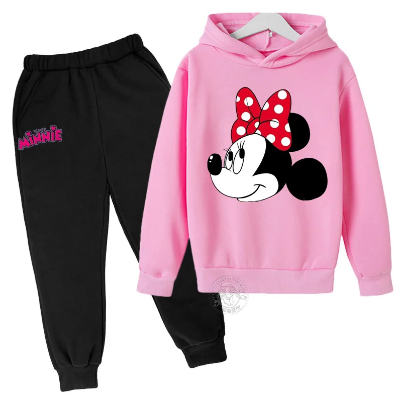 Disney Classic Mickey and Minnie Creative Print 3-14 Years Old Girls Suit Street Fashion Sweater + Pants Two-piece Harajuku Girl