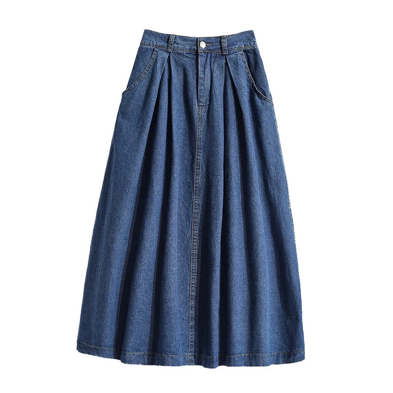 Women\'s Denim Midi Skirt Summer Korean Style Elegant Fashion High Waist Casual Vintage Pleated Skirt Large Size Jeans Skirt