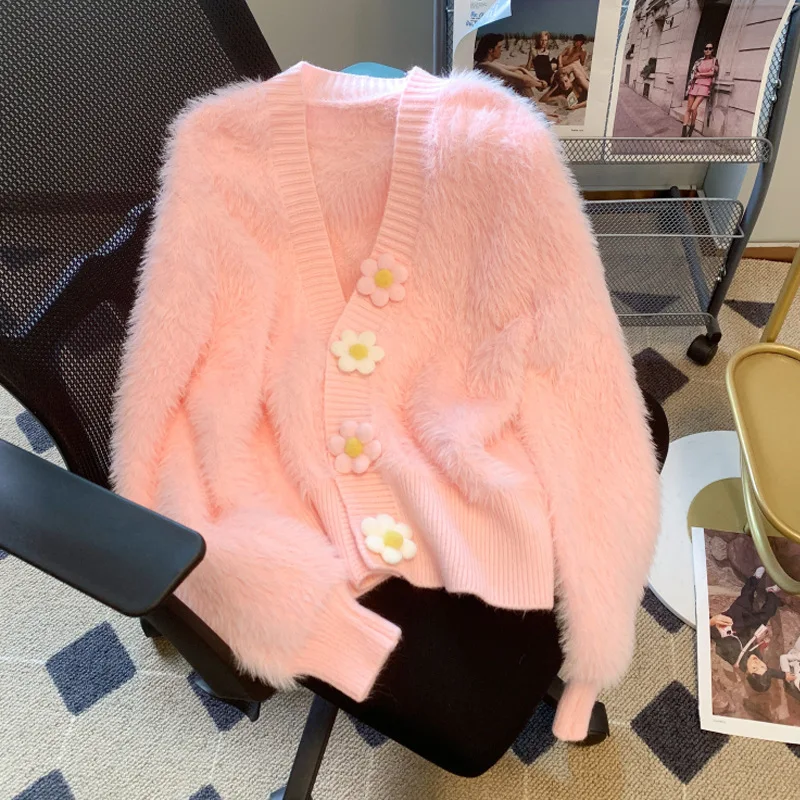 

Вязаный кардиган из искусственной норки, женский однобортный шикарный свитер с v-образным вырезом и пышными рукавами, новинка весны 2023 г.