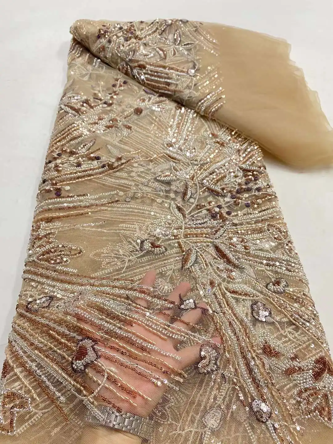 Tissu de dentelle de perles africaines pour femmes, broderie de paillettes, tulle français, fête de mariage nigWin, matériel de couture, haute qualité, 2024