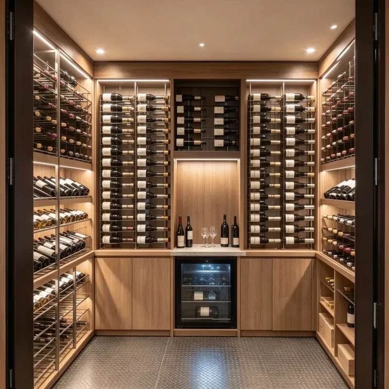 for Custom Oak Solid Panel Wine Cellar Cabinet Stainless Steel Wine Rack LED Lighting Environmentally Friendly Modern Simple