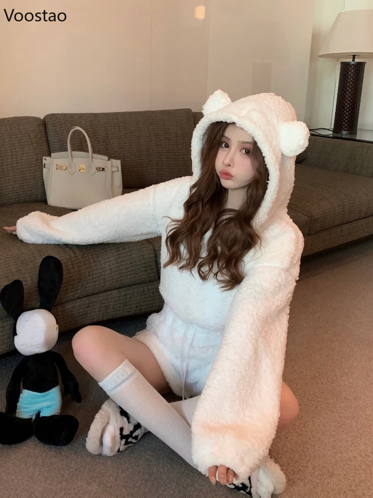 Kawaii Lolita Cute 2 Piece Sets Autumn Winter Women Sweet Chic Bear Ear Hooded Coat High Waist Shorts Girls Harajuku Hoodie Suit