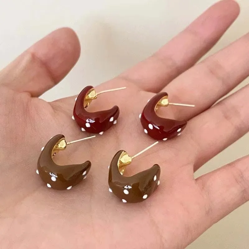 Vintage Red Polka Dots Drip Oil C-Shaped Hoop Earrings for Women Trendy Geometric Irregular Temperament Earrings Jewelry Gifts