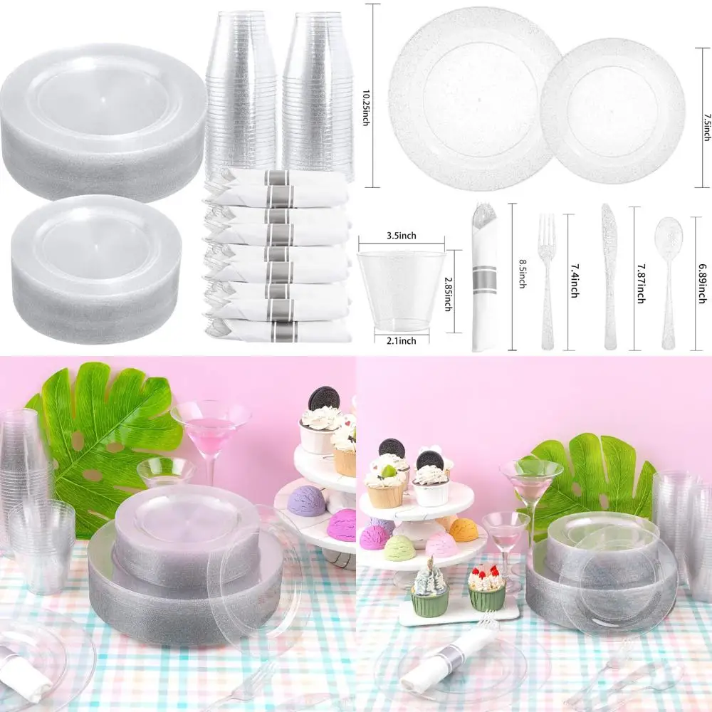 

Glitter Dinnerware Set for 50 Guests - Includes 50 Dinner Plates, 50 Dessert Plates, and 50 Rolled Napkins for Party
