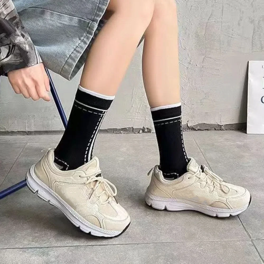 5Pairs Sweet Patchwork Stripe Socks Kawaii Mid Tube Dashed Line Socks Korean Ins Style Anti-slip Socks Women Lady