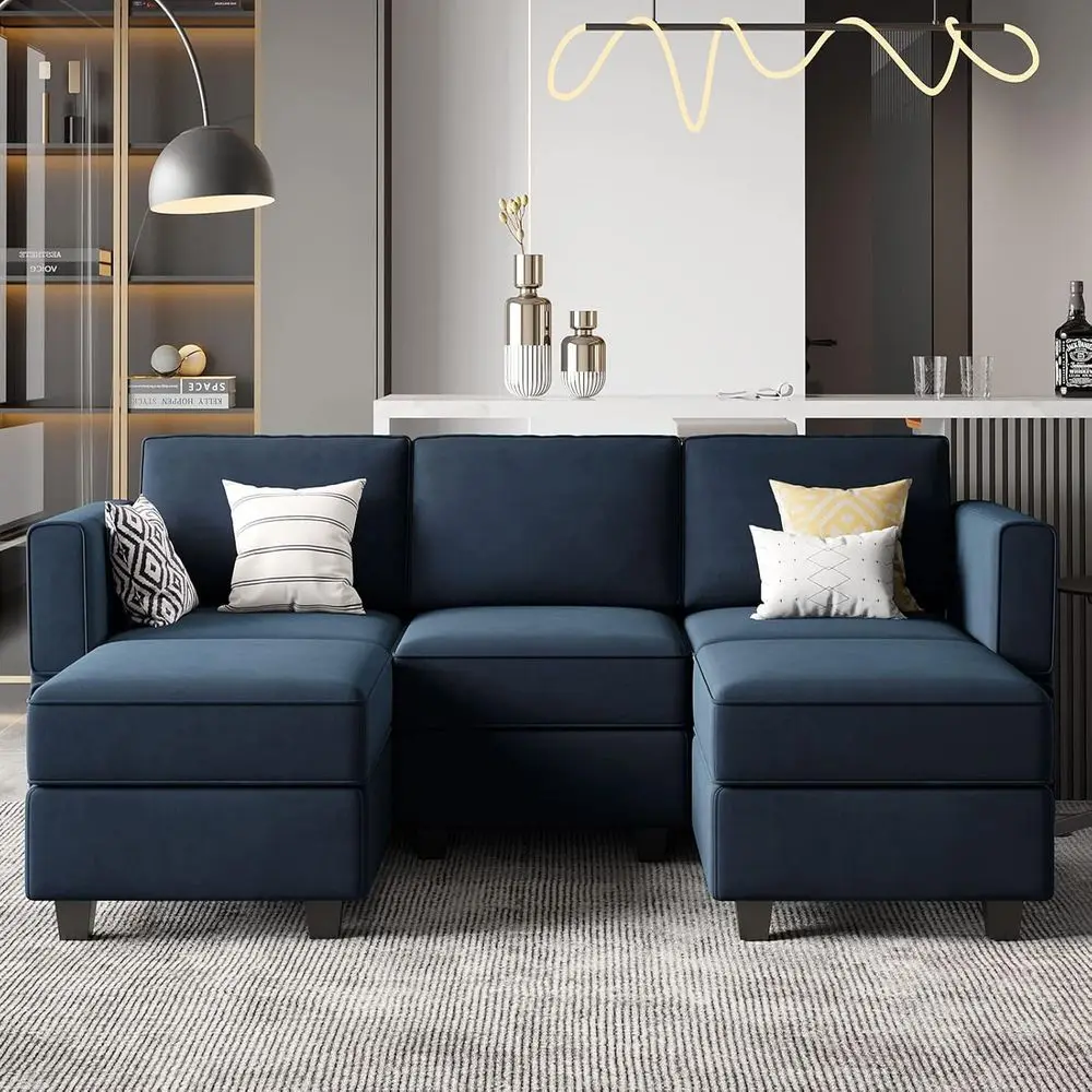 

Reversible Velvet Double Chaise Sectional Sofa with Storage in Blue