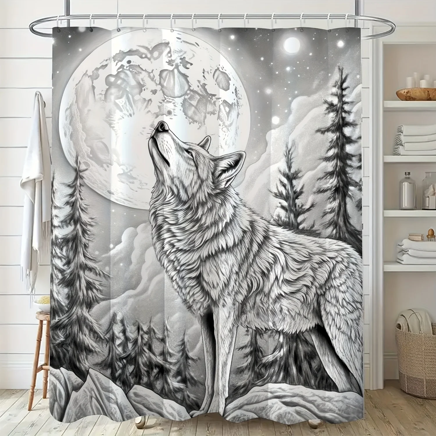 

1 шт., занавеска для душа Majestic Wolf Howling at Moon Art Print — полиэстер, цифровая печать, всесезонная, машинная стирка, частично