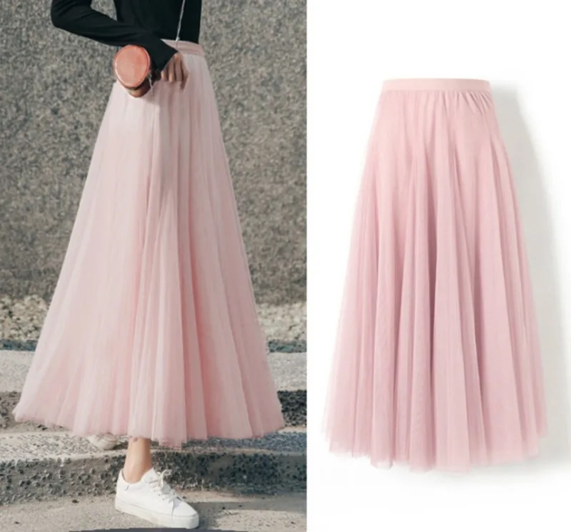 Hot Women Mesh Elastic Tutu Skirt Beach Spring Summer Korean High Waist Fashion Pleated Long Skirt Black White Tulle Skirts