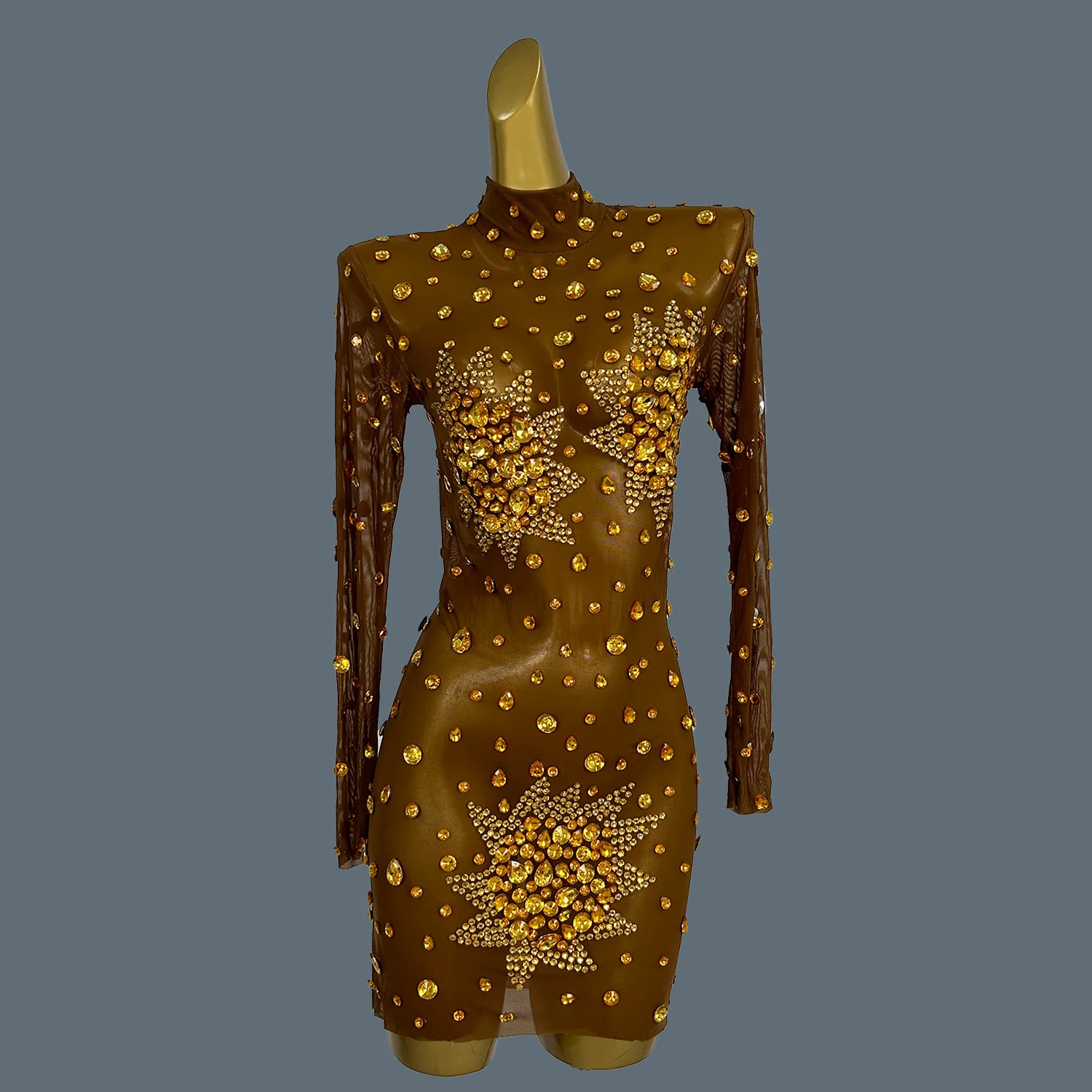 Sparkly Gold Rhinestones Stretch Short Dress for Women Summer Sexy Mesh Celebrate Evening Birthday Dress Photo Shoot Wear Guibin