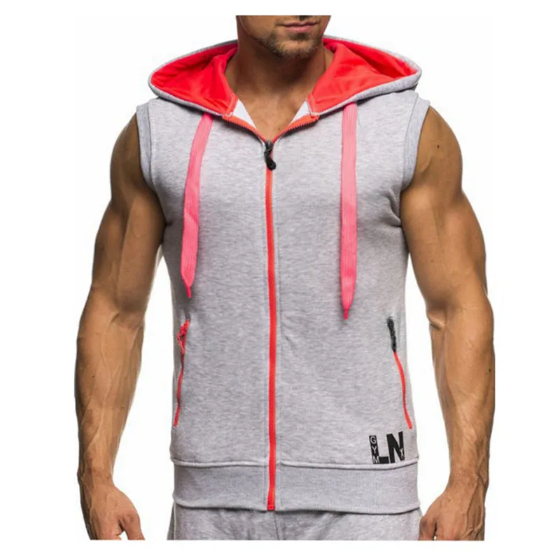 2023 Men Sleeveless Tank Tops Bodybuilding Hoodie Tops Workout Solid Slim Vest Camiseta Casual Hooded Sweatshirt Vests MY359