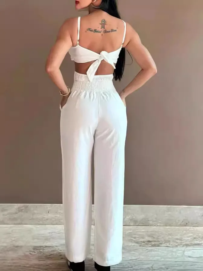 2024 Summer Fashion White Jumpsuit Women Floral Pattern Shirred Hollow Out Casual Asymmetrical Neck Pocket Backless Jumpsuits