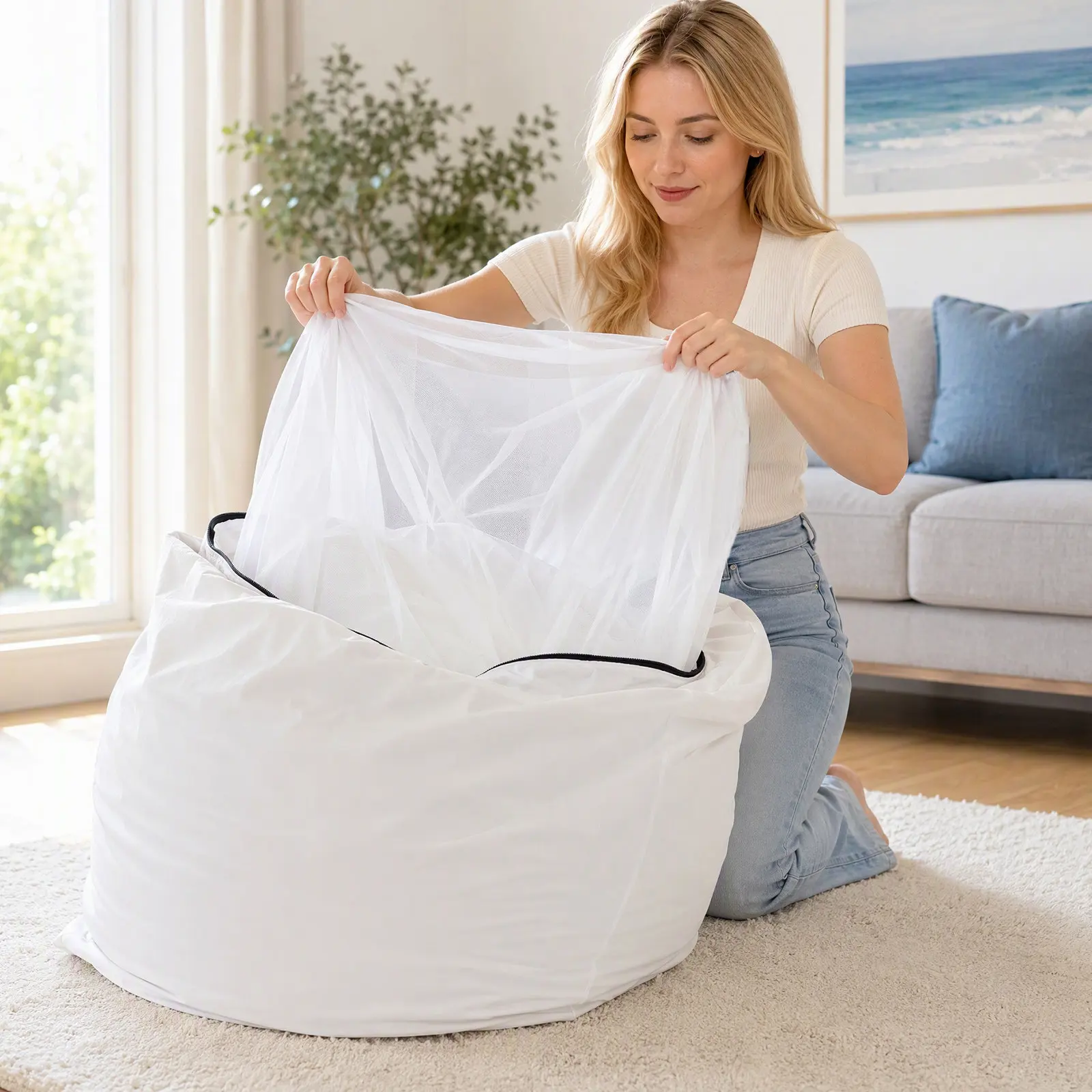 Machine Washable Lazy Sofa Liner Sleeve Inner Bag Replacement for Bean Bag Chair Breathable Gauze Fabric No Filler Home Office