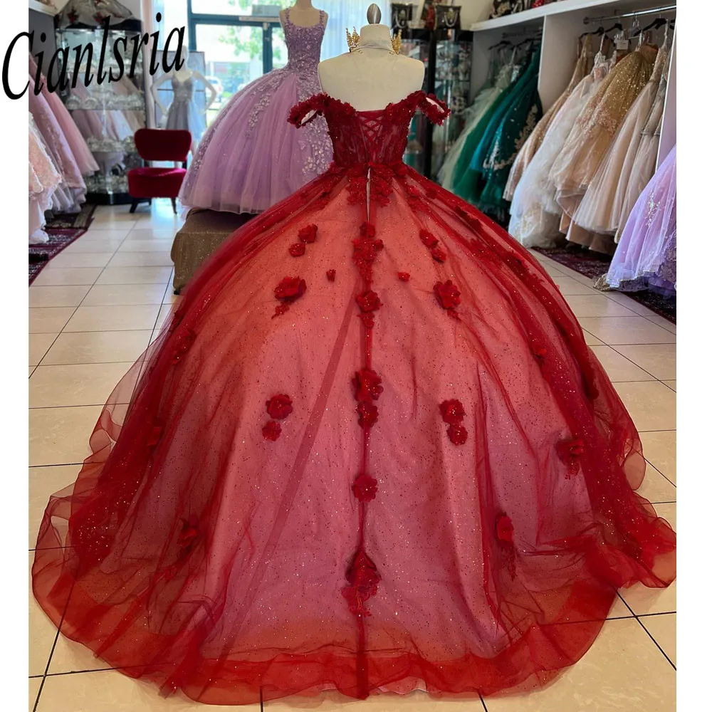 Red Quinceanera Dresses 3D Appliques Sweetheart Handmade Flower Ball Gowns Vestidos De 15 Años