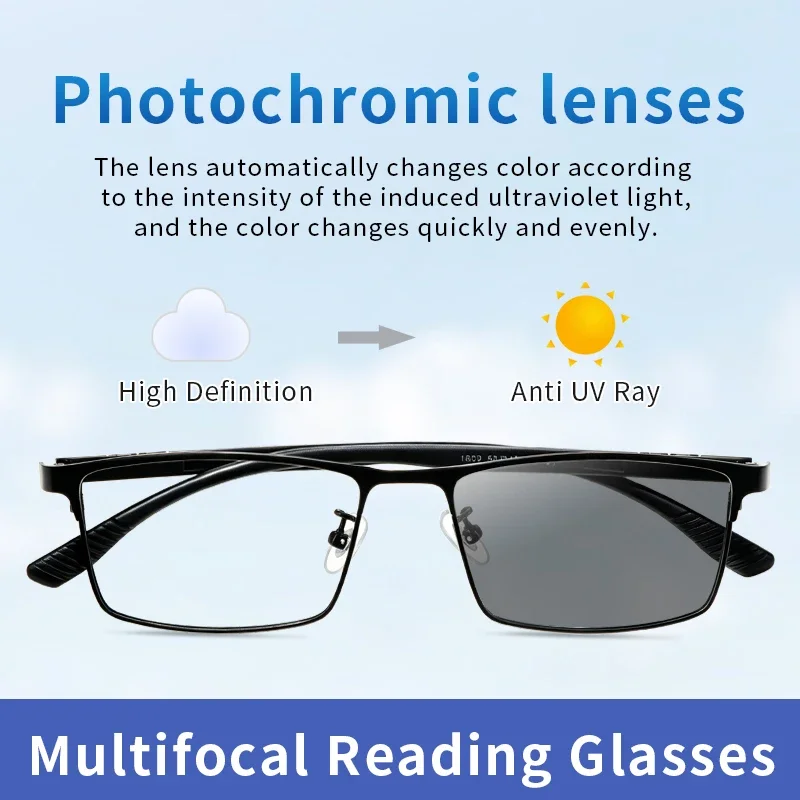 Photochromic Progressive Multifocal Reading Sunglasses,Far and Near Dual-use,Flexible and Lightweight Readers for Men