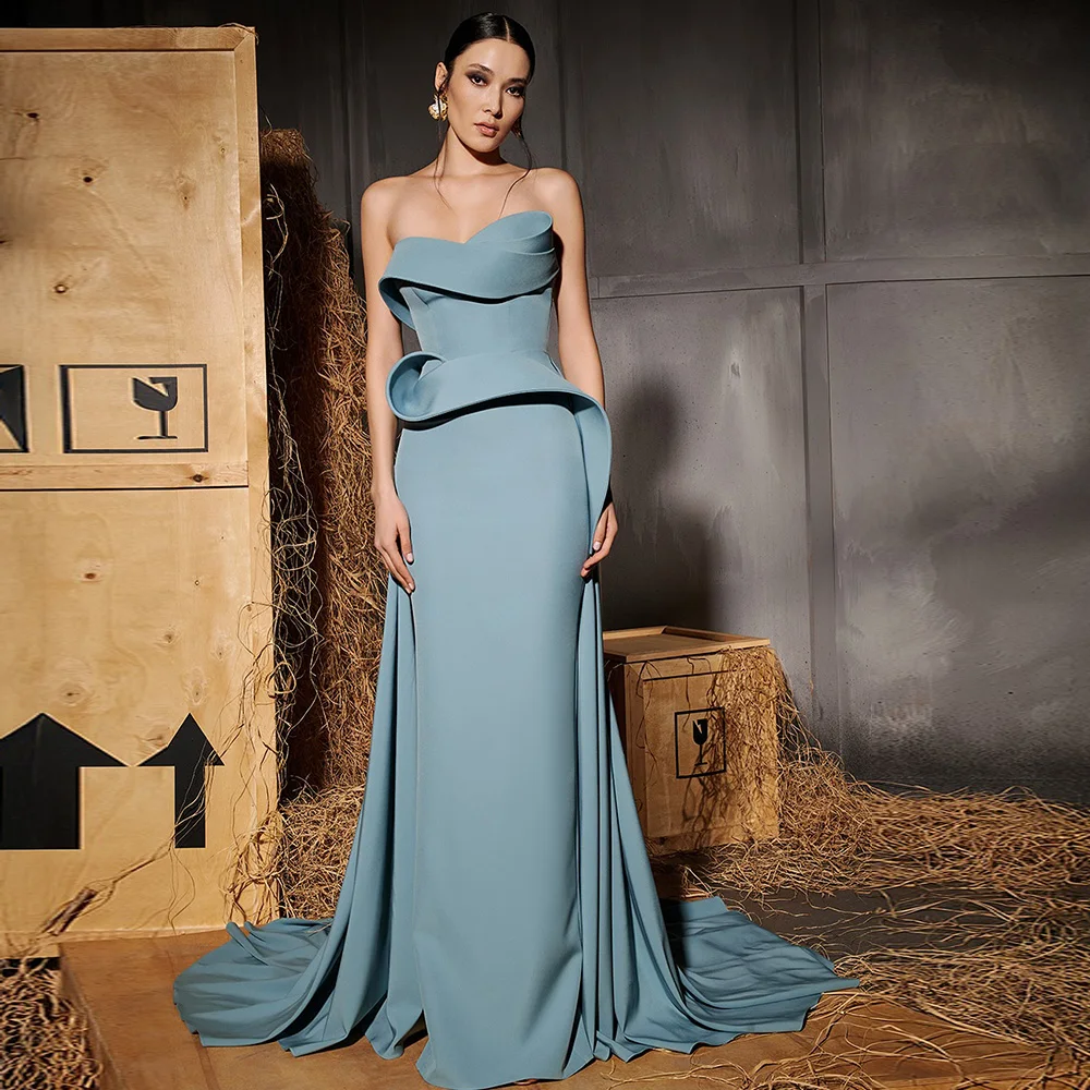 

Элегантное вечернее платье из синего джерси по индивидуальному заказу, темпераментное вечернее платье без бретелек без рукавов, модное прямое платье знаменитостей G