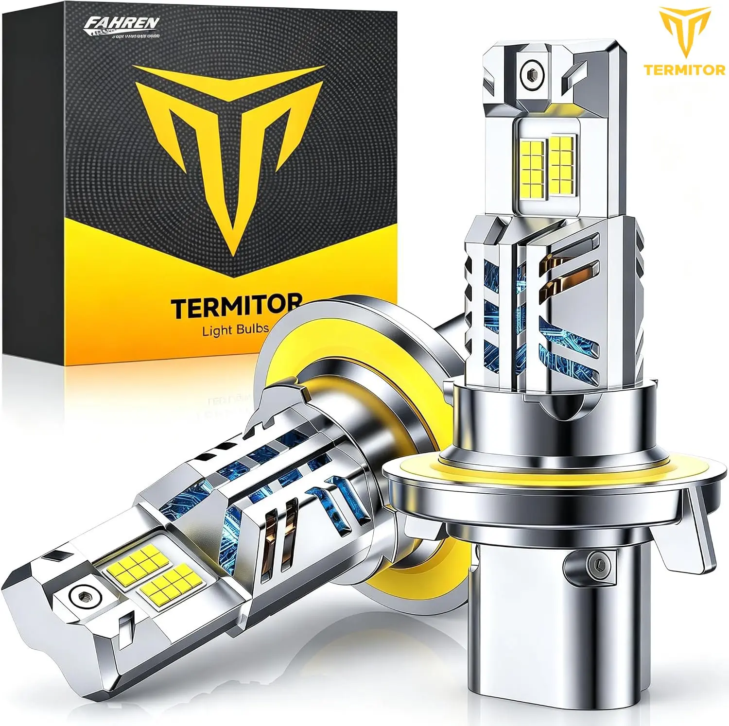 Fahren Termitor 9008 H13 Light Bulbs, 960,000LM 6500K Cool White High Low Beam, 120W Plug & Play Automotive Lighting Bulbs, 1:1 Mini Size, Dual Copper Pipe Cooling, CANbus Ready, IP68 Waterproof, Pack of 2