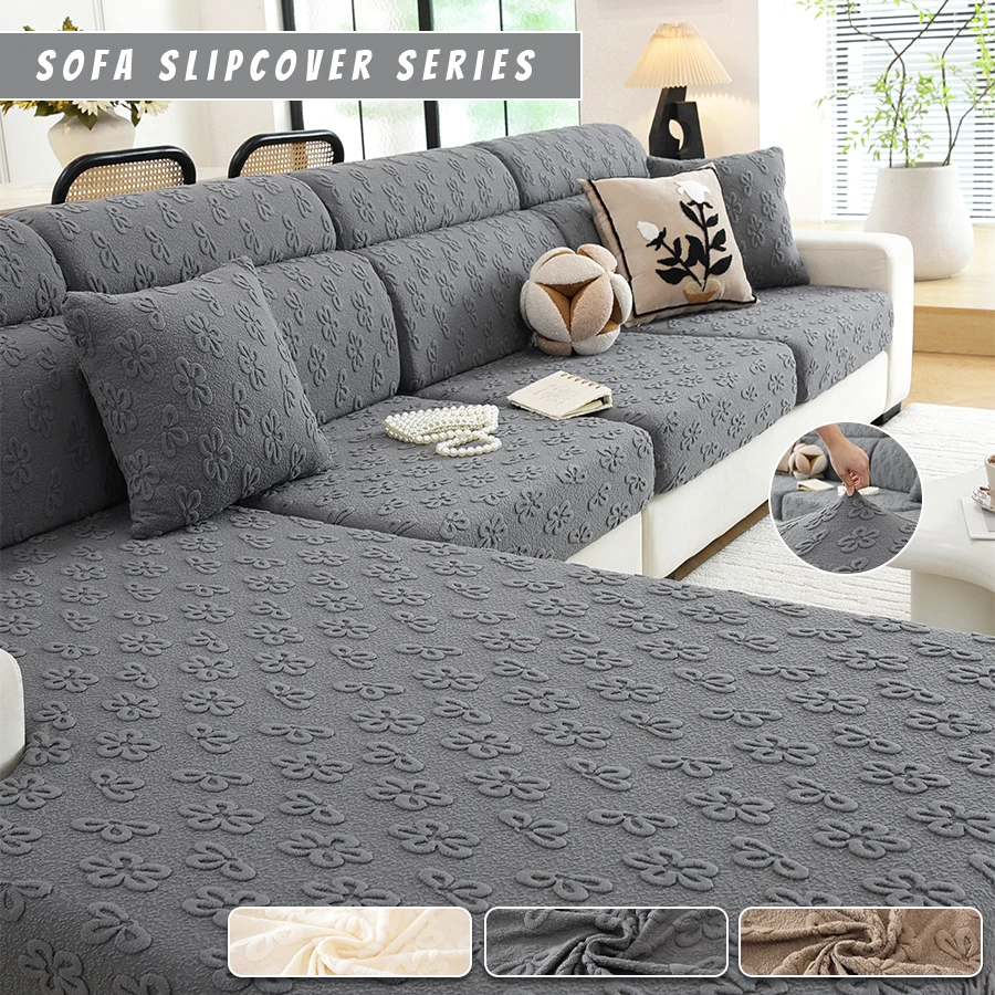 Floral Jacquard Fleece Sofa Slipcover High Elastic Anti-Slip Machine Washable Furniture Protector for Living Room