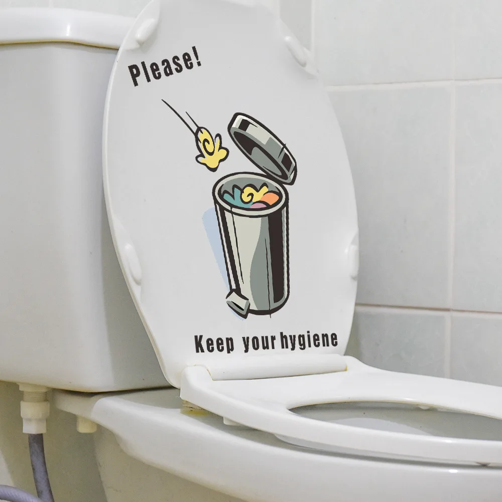 C18# Cartoon Trash Can Funny Toilet Stickers Cartoon Child Urination Toilet Lid WC Door Sticker Decor Paper Household