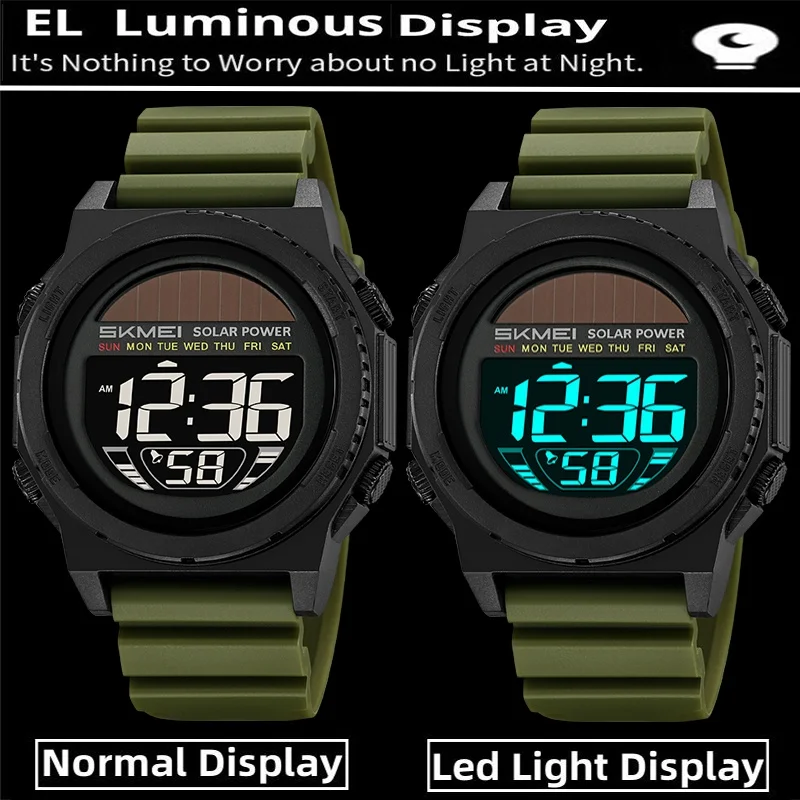 Skmei Solar Energy Digital Watches forMens LED Waterproof Swimming Chronograph TPU Strap Date Week Military Sports Wristwatch view 4