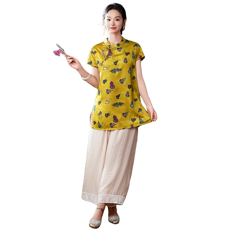 بلوزة نسائية صينية خفيفة الوزن - قميص بأكمام قصيرة وطبعة زهور عتيقة، قميص صيفي مريح وجيد التهوية