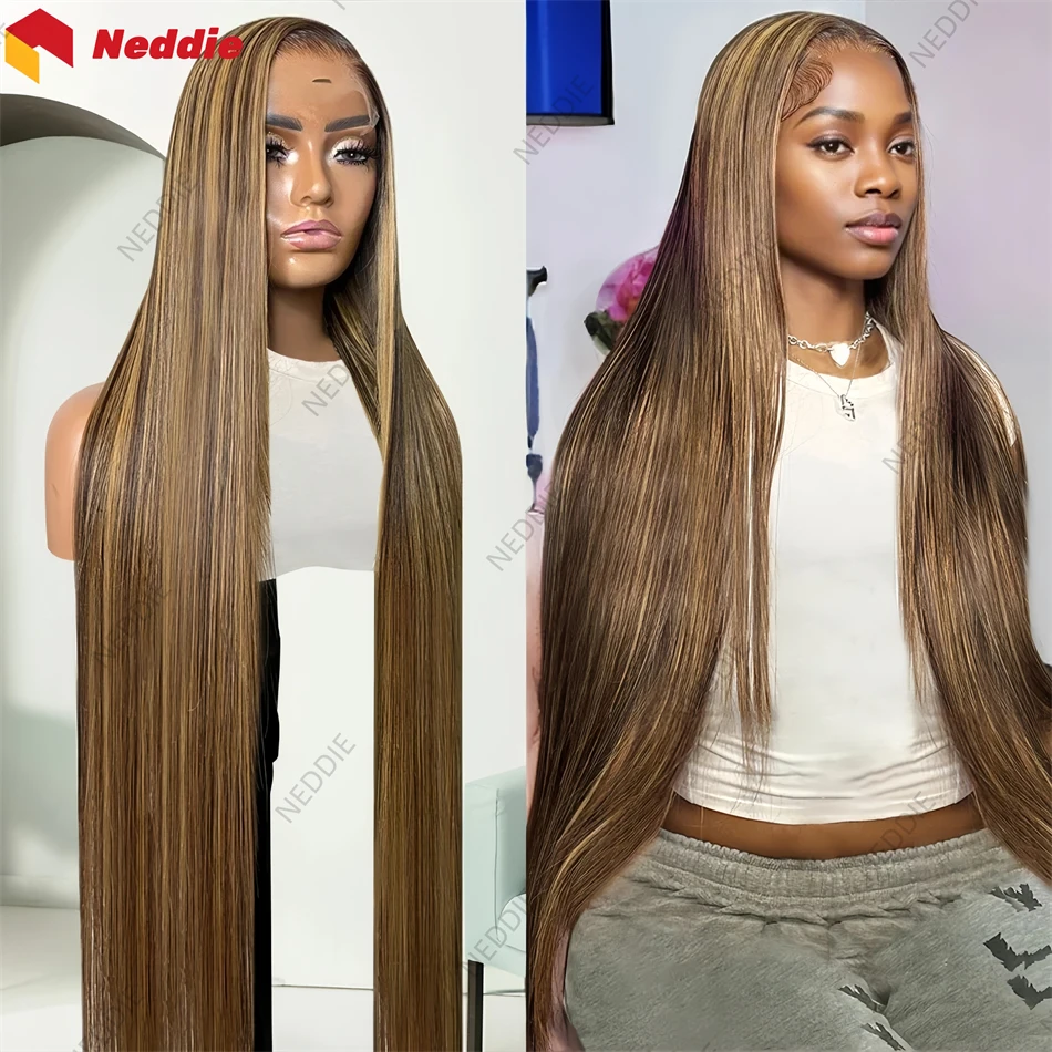 

new Highlight Colored Straight 13x6 Lace Front Neddie Preplucked Wigs 100% Human Hair Long Lace Frontal Wig On Sale Clearance