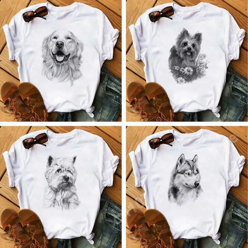 Sketch Cute Dogs Printed T-shirts Women Clothing White Short Sleeve Ladies Harajuku Y2k Top Summer Graphic T Shirt Oversized Tee