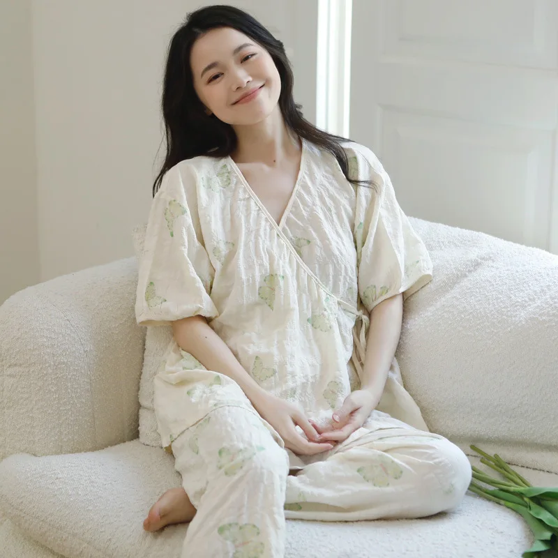Summer Thin Printed Cotton Maternity Nursing Sleepwear Sets Short Sleeve Pajamas Clothes for Pregnant Women Pregnancy Home Sleep