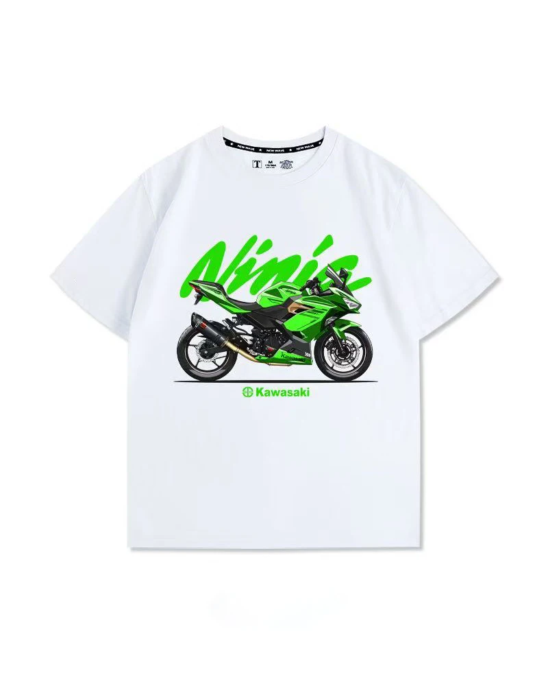 

Kawasaki motorcycle race imitation modified rider Kawasaki summer short sleeved T-shirt pure cotton men's loose fit