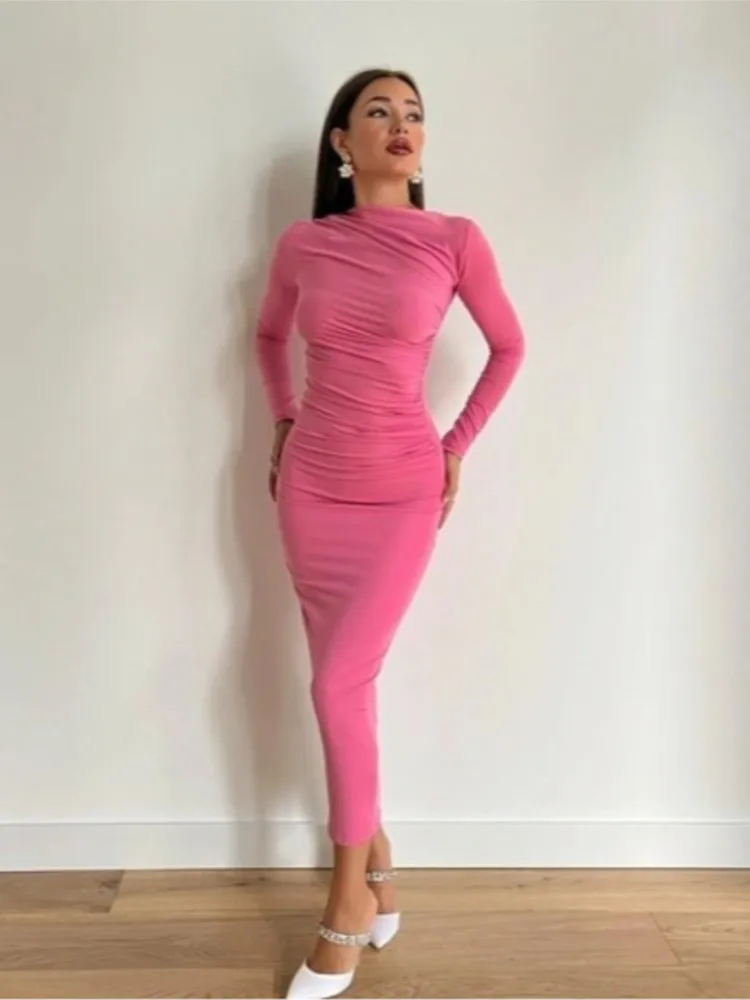 Y2k Solid Color Bodycon Party Long Dress Long Sleeve Package Hip Slim Folds  Maxi Dresses For Women Elegant Vestidos Para Mujer - AliExpress 200000345