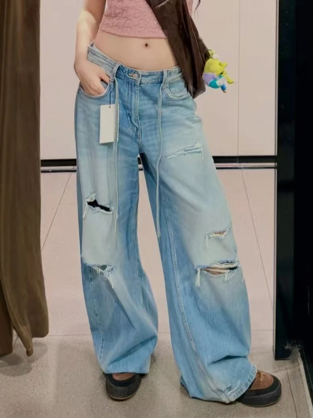 

Loose Women's Denim Jeans Patchwork Decorative Hole Vintage American Style mid Waist 4730041 Spring Ladies Fashion Jeans