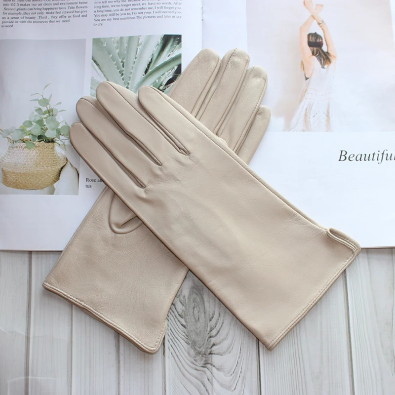 New leather gloves women\'s sheepskin touch screen unlined thin fashion all-match solid color riding and driving gloves