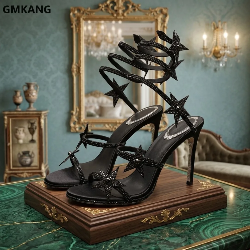 Summer High Heels Sandals Women Crystal Star Serpentine Ankle Strap Stiletto Party Shoes Black White GMKANG