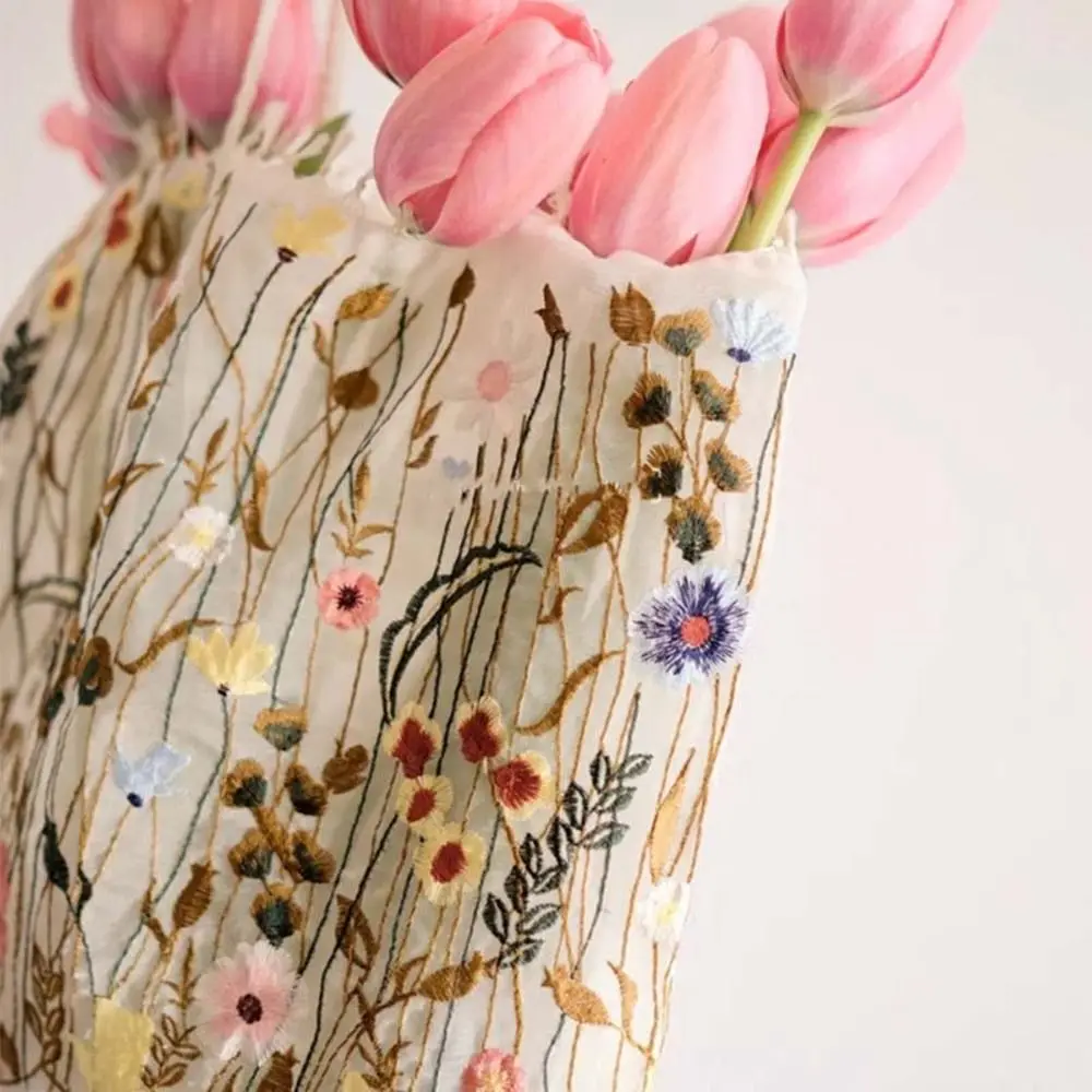 Camellia Flower Embroidery Cloth Bag Lace Large Capacity Canvas Shoulder Bag Storage Bag Tote Bag Ethnic Style Bag Women
