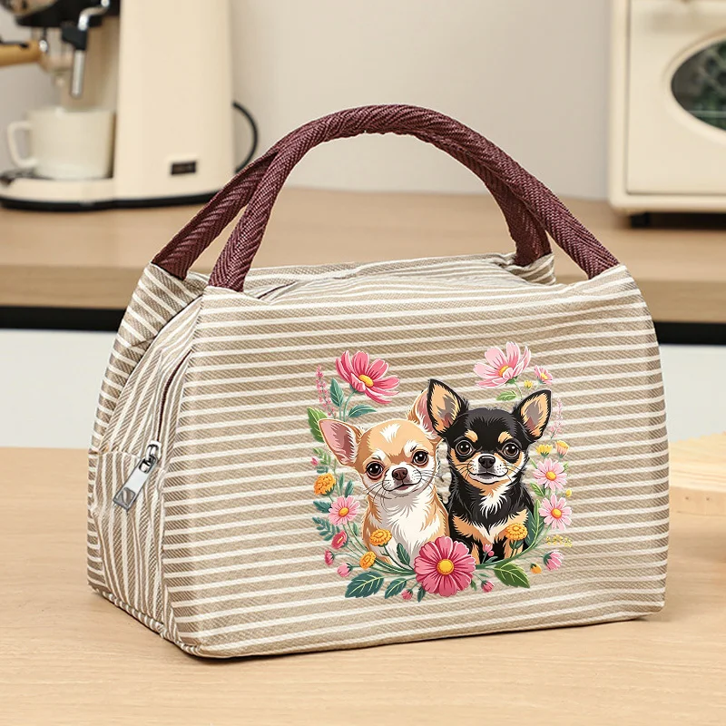 Fresh Floral Chihuahua Print Striped Tote Bag Smooth Metal Zipper and Structured Bag Shape. Suitable for Commuting Tote Bag